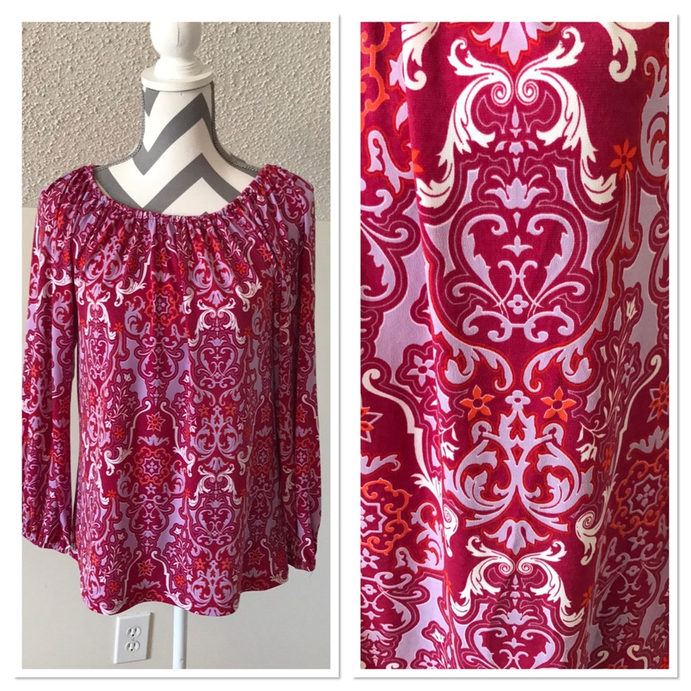 Tracy Negoshian Pink Red Printed Peasant Blouse
